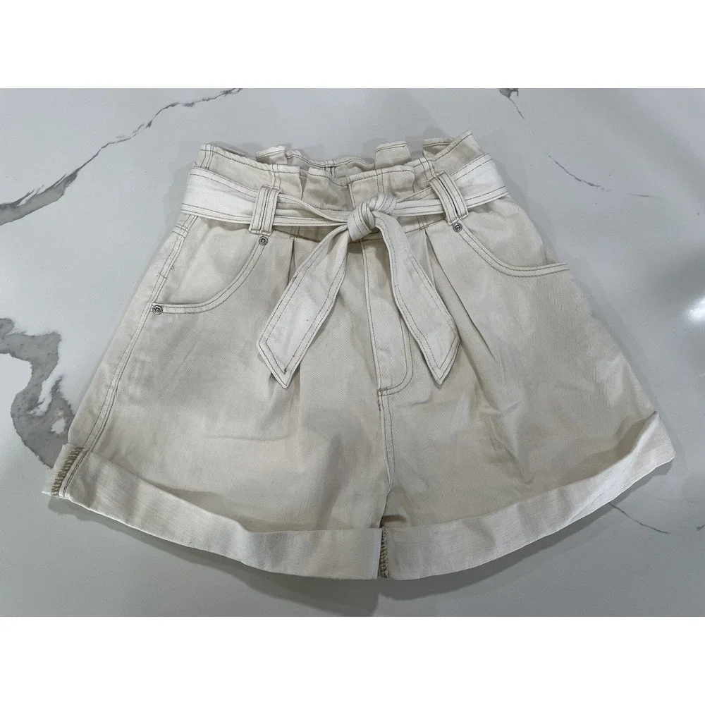 Free People We The‎ Free Nova Denim Paperbag Shorts Plume Cream Sz XS AK113